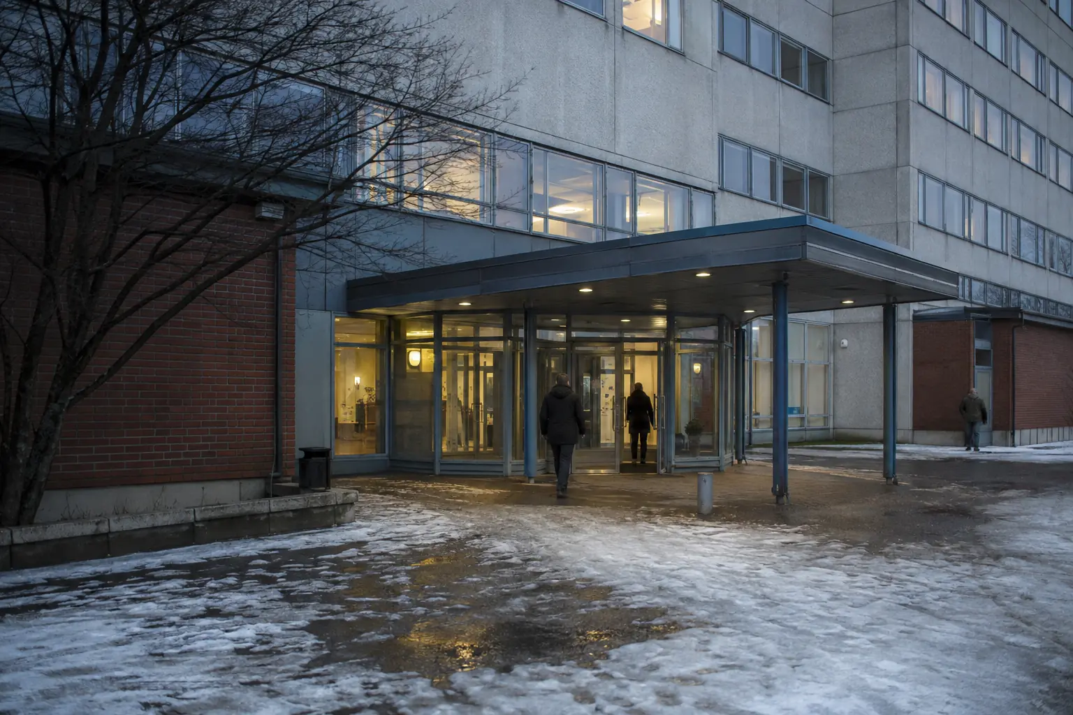 Lystikkälän poliisitalon valaistu pääsisäänkäynti hämäränä joulukuun iltapäivänä.