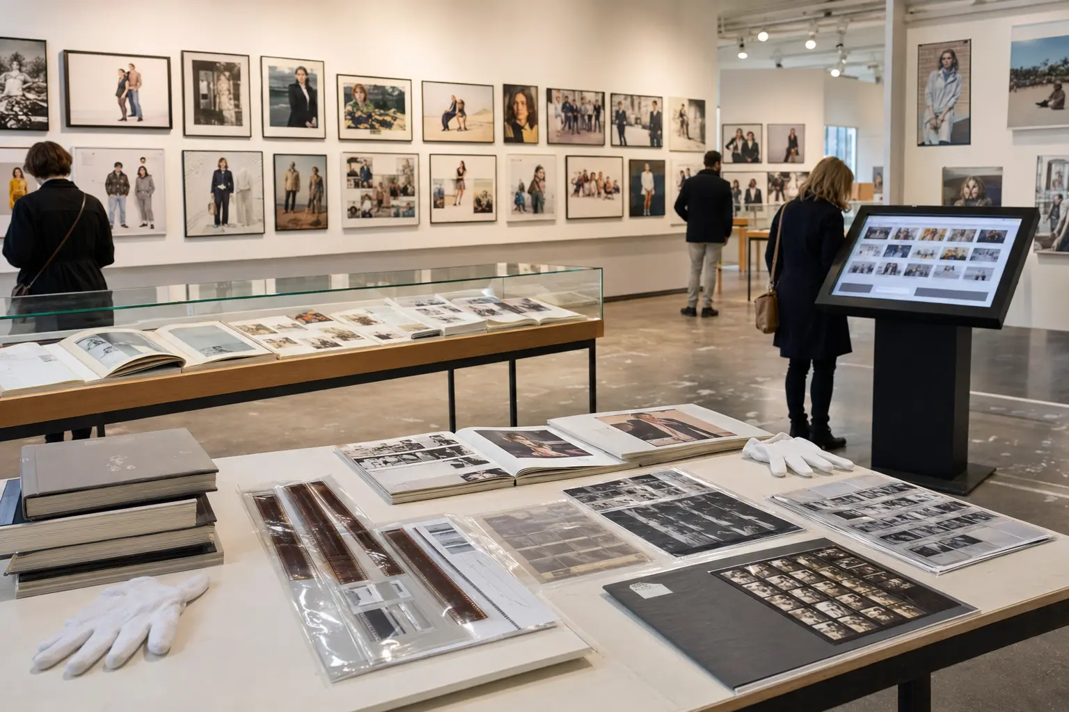 Vaalea KASVOT-retrospektiivin arkistopöytä, painettuja kuvastoja ja digitaalinen hakupiste.